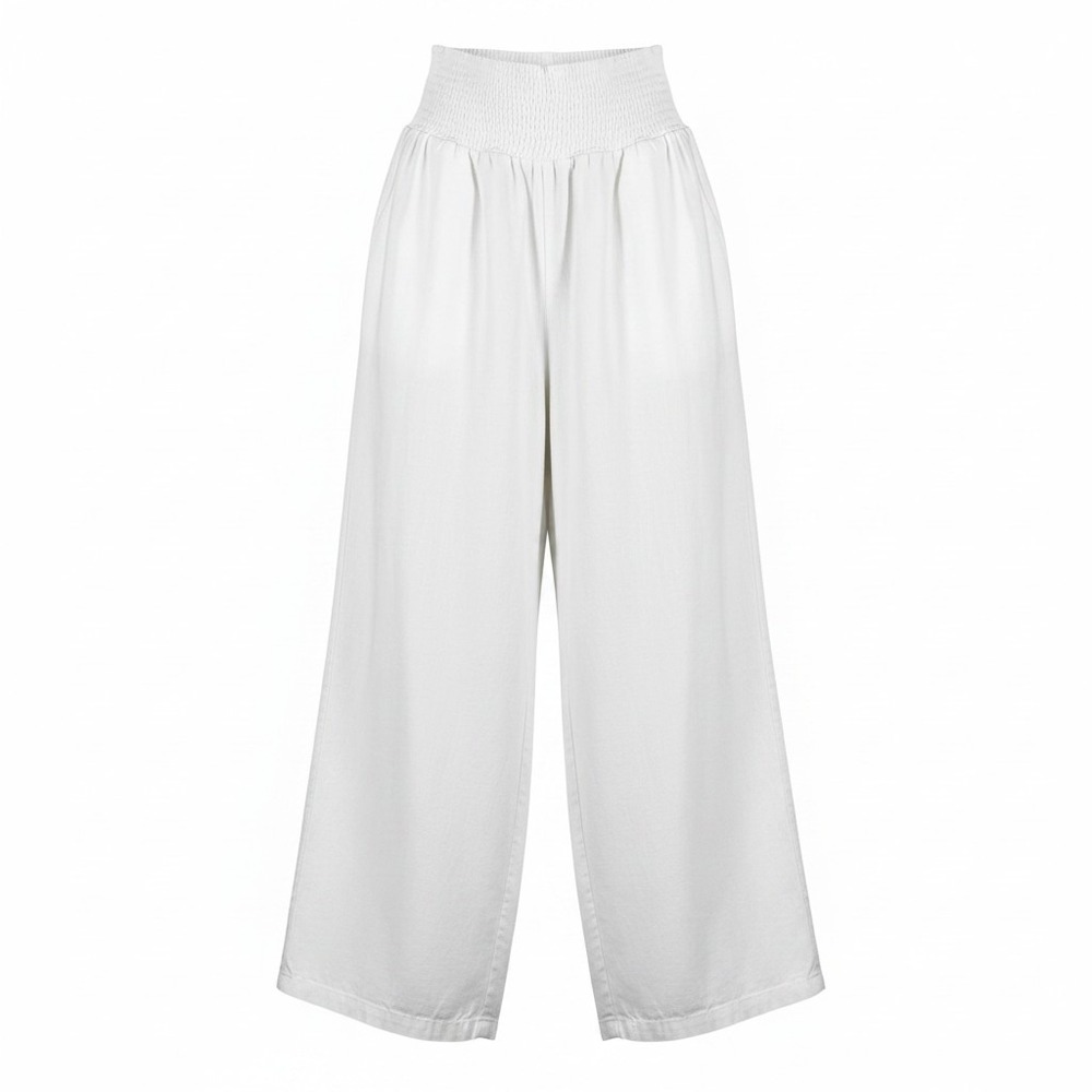 UEU Womens White Linen Blend Wide Leg Smocked Waist Pants Flowy Trousers Size M